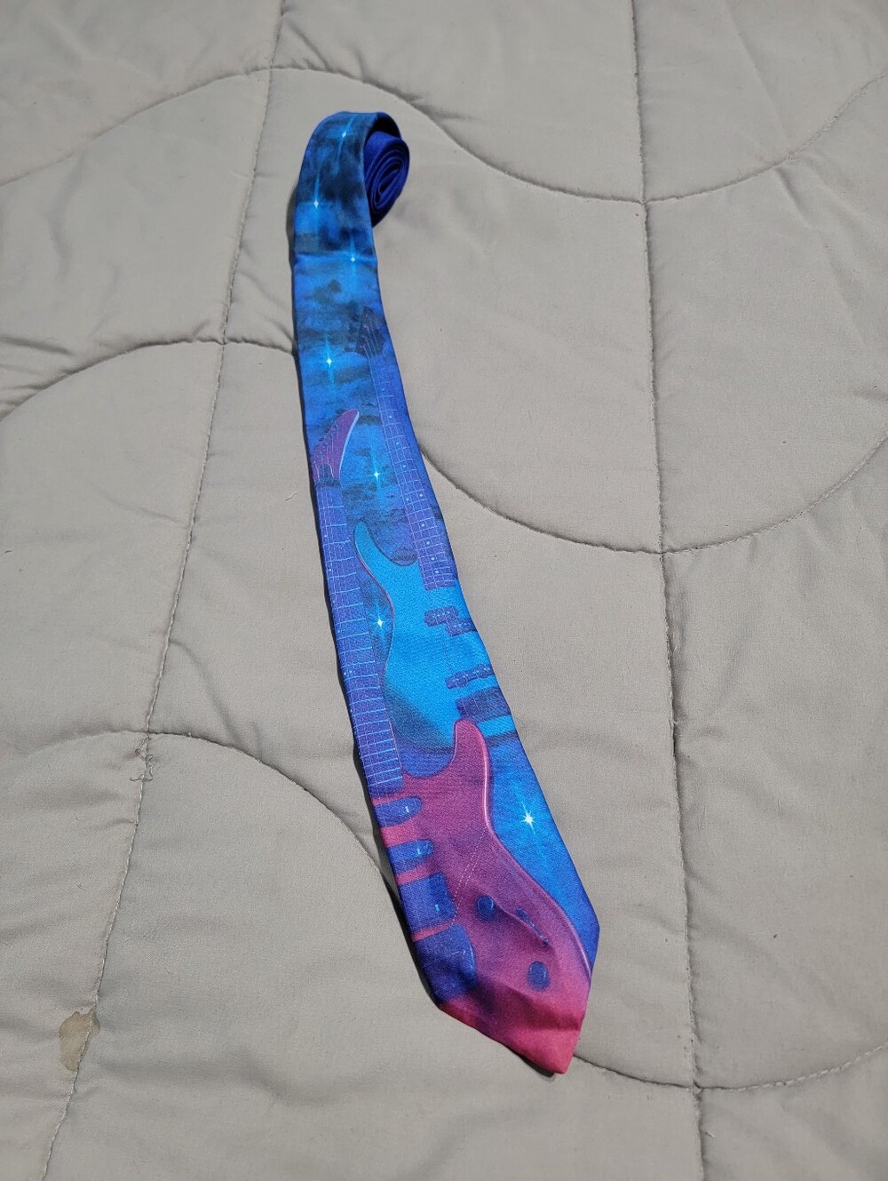 Vintage 1990s Ralph Marlin Blue & Purple Electric Guitar Print Necktie
